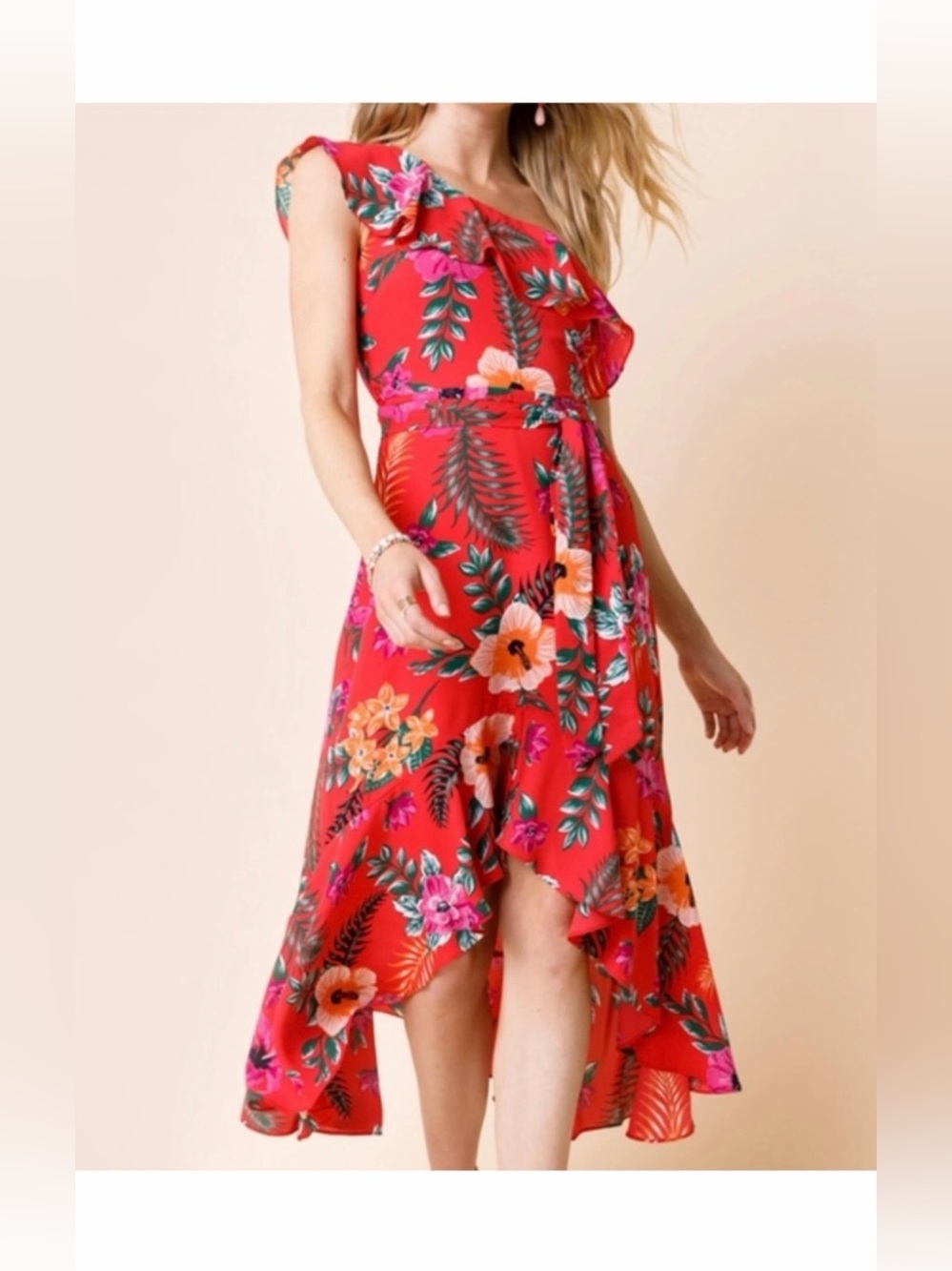 Mi Ami Red Tropical Floral High-Low One-Shoulder Dress